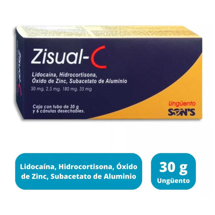 Zisual-C ( Lidocaína, Hidrocortisona, Oxido de Zinc, Subacetato de Aluminio) Ungüento Caja con 30 g y 6 Cánulas Desechables
