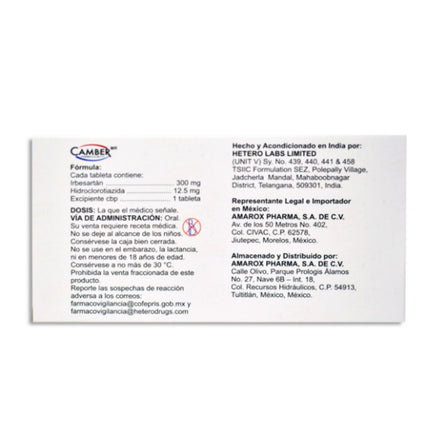Irbesartán / Hidroclorotiazida 300 Mg / 12.5 Mg Caja con 28 Tabletas Camber Laboratorios
