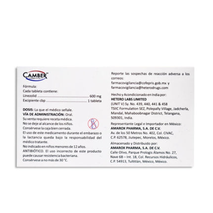 Linezolid 600 mg caja con 10 tabletas Laboratorios Camber