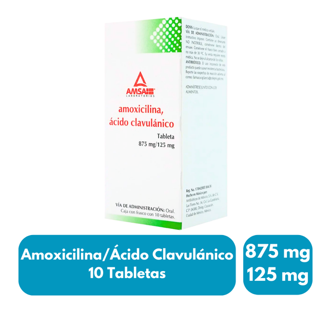 Amoxicilina, Ácido Clavulánico 875mg/125 mg Lab. Amsa Fco. 10 Tab.