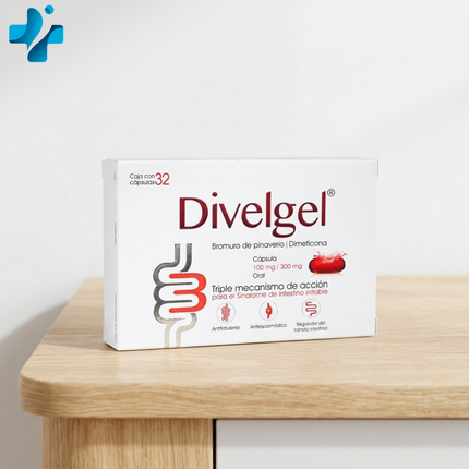 Divelgel (Bromuro De Pinaverio / Dimeticona) 100 mg / 300 mg Caja con 32 Cápsulas