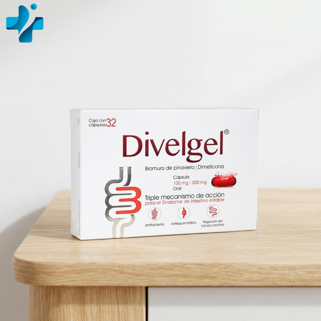 Divelgel (Bromuro De Pinaverio / Dimeticona) 100 mg / 300 mg Caja con 32 Cápsulas