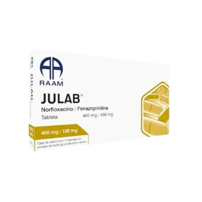Julab (Fenazopiridina 100mg / Norfloxacino 400mg) Caja con 16 Tabletas