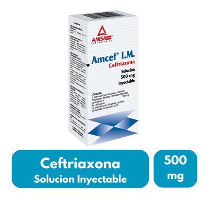 Amcef (Ceftriaxona) 500 mg Caja con 1 Ampolleta con Diluyente 3.5 ml Intramuscular