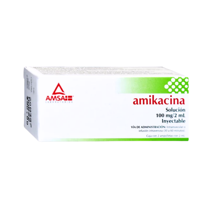 Amikacina 100 mg/2 ml Solución Inyectable 2 Ampolletas Laboratorios AMSA