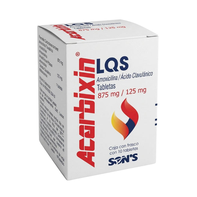 Acarbixin LQS (Amoxicilina/Acido Clavulanico) 875mg/125mg Frasco con 10 Tabletas