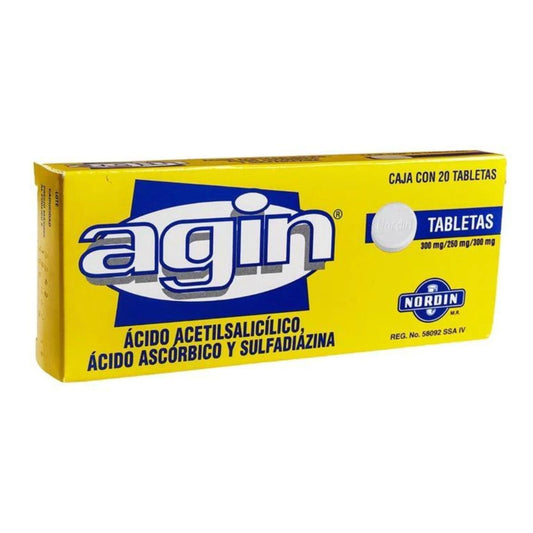 Agin (Acido Acetilsalicilico, Acido Ascórbico y Sulfadiazina) 300mg/250mg/300mg Caja con 20 Tabletas.