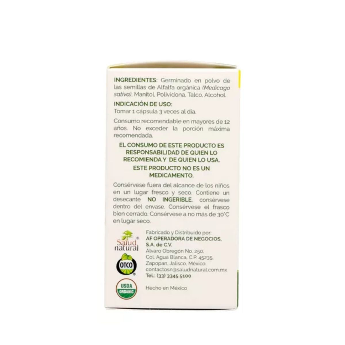 Alfalfa Orgánica Cápsula Vegana 620 mg Caja con 60 Cápsulas