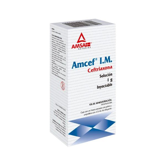 Amcef (Ceftriaxona) 1 g Caja con 1 Ampolleta con Diluyente 3.5 ml Intramuscular