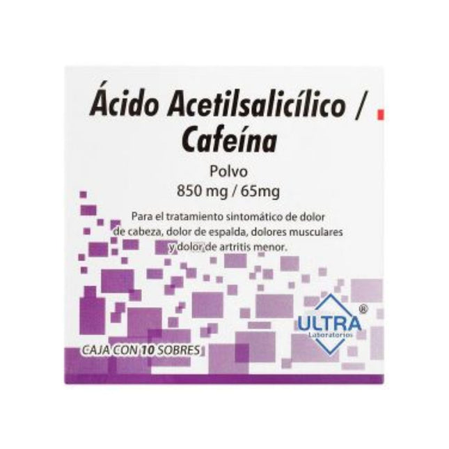 Acido Acetilsalicílico 850 mg, Cafeína 65 mg Caja con 10 Sobres con Polvo
