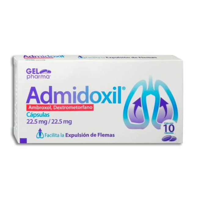Admidoxil (Ambroxol/Dextrometorfano) 22.5mg/22.5 mg caja con 10 Cápsulas
