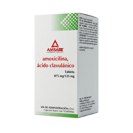Amoxicilina Ácido Clavulánico 875mg/125 mg Caja con Frasco con 10 Tabletas