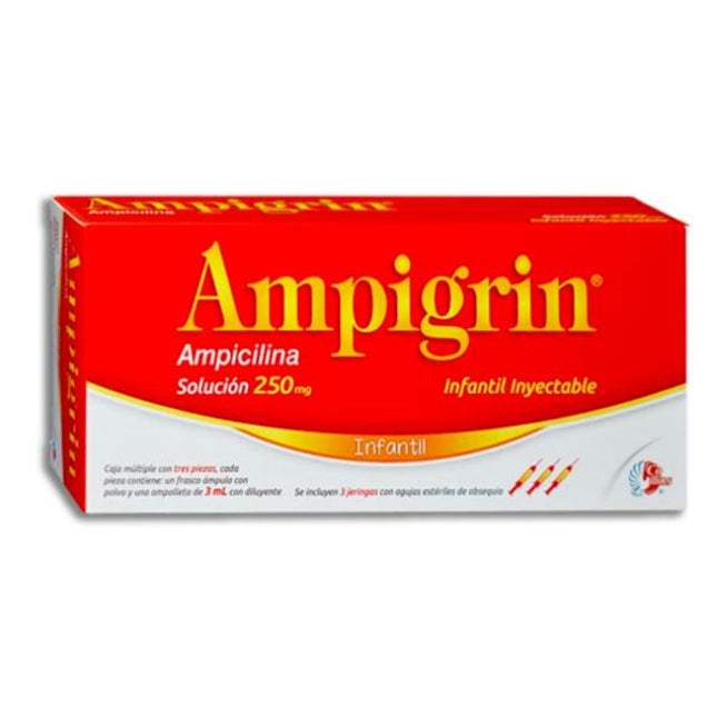 Ampigrin Infantil (Ampicilina) 250 mg caja con 3 Ampolletas Inyectables