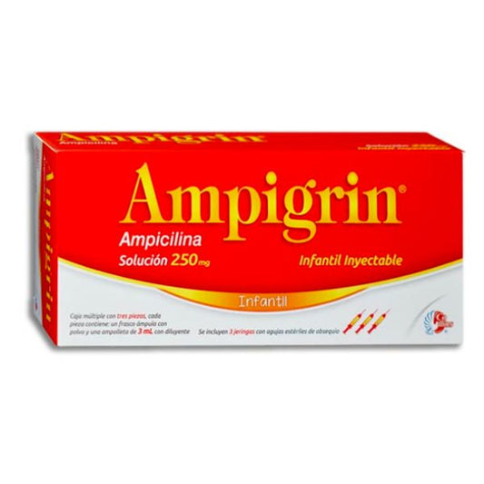 Ampigrin Infantil (Ampicilina) 250 mg caja con 3 Ampolletas Inyectables