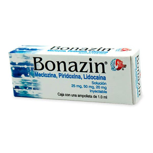 Bonazin (Meclozina/Piridoxina/Lidocaina) 25 mg/50 mg/20 mg Caja con 1 Ampolleta Inyectable