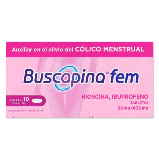 Buscapina Fem (Hioscina/Ibuprofeno) 20mg/ 400mg Caja con 10 Tabletas