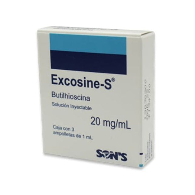 Excosine-s (Butilhioscina) 20 mg/ml Caja con 3 Ampolletas Inyectables de 1 ml