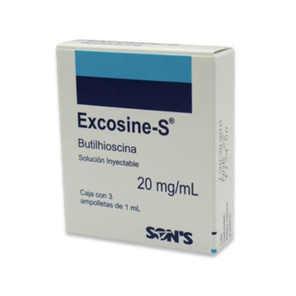 Excosine-s (Butilhioscina) 20 mg/ml Caja con 3 Ampolletas Inyectables de 1 ml