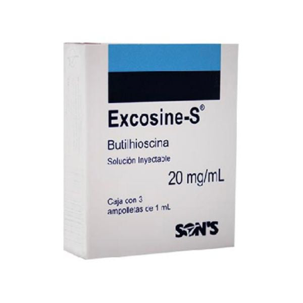 Excosine-s (Butilhioscina) 20 mg/ml Caja con 3 Ampolletas Inyectables de 1 ml