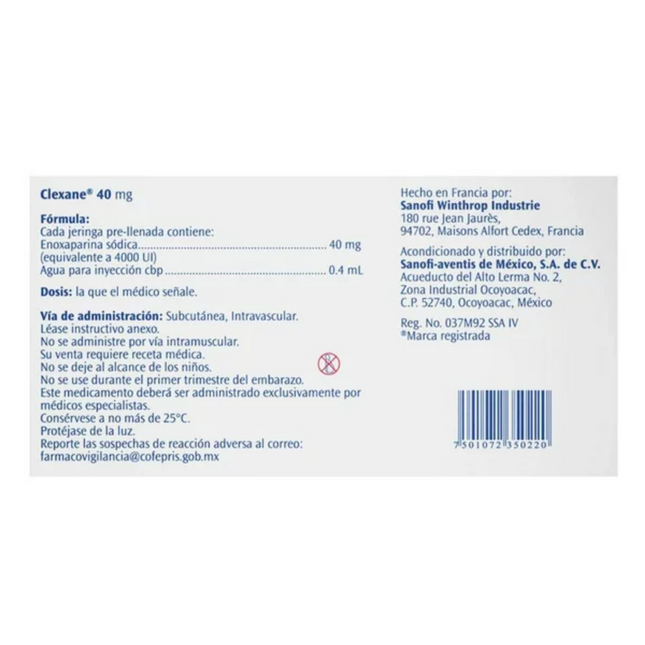 Clexane (Enoxoparina)  40 mg Caja con 2 Jeringas Precargadas de 0.4 ml