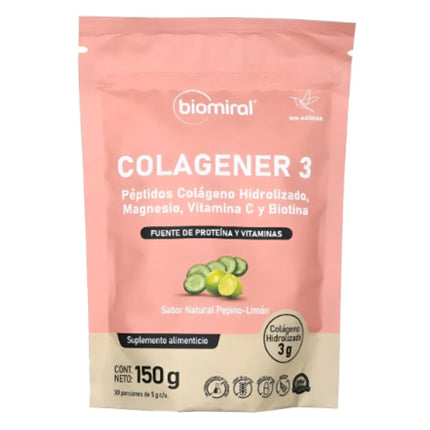 Colagener-3 (Biotina 0.3 mg, Carbohidratos 1.459 g, Colageno Hidrolizado 3 g) Empaque con 150 g de Polvo
