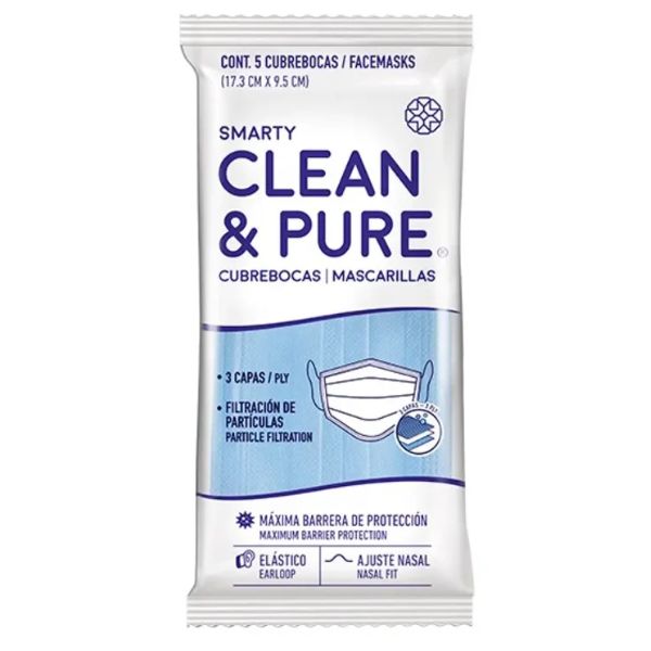 Clean & Pure Paquete con 5 Cubrebocas Tricapa