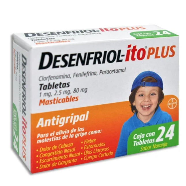 Desenfriol-ito Plus  Clorfenamina 1 mg, Fenilefrina 2.5 mg, Paracetamol 80 mg Caja con 24 Tabletas
