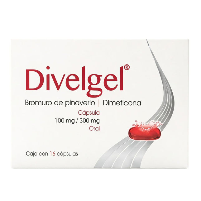 Divelgel (Bromuro De Pinaverio / Dimeticona) 100 mg / 300 mg Caja con 16 Cápsulas