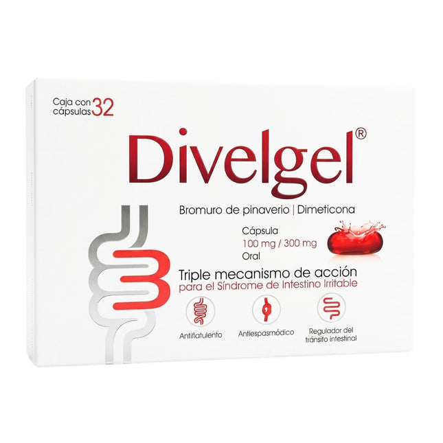 Divelgel (Bromuro De Pinaverio / Dimeticona) 100 mg / 300 mg Caja con 32 Cápsulas