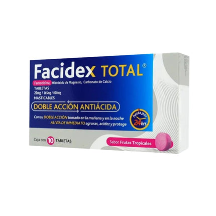 Facidex Total (Famotidina,Hidroxido de Magnesio,Carbonato de Calcio 20/165/800 Mg) 10 Tabletas Masticables | Liomont
