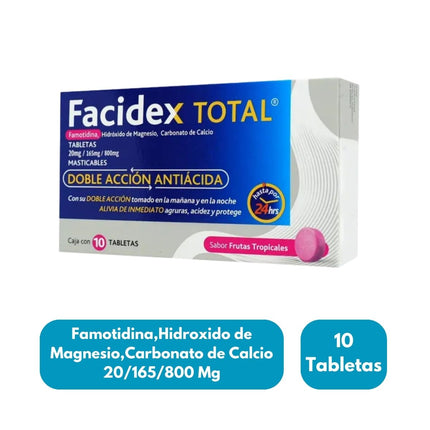 Facidex Total (Famotidina,Hidroxido de Magnesio,Carbonato de Calcio 20/165/800 Mg) 10 Tabletas Masticables | Liomont