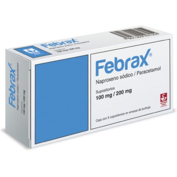 Febrax (Naproxeno/Paracetamol) 100 mg/200 mg Caja con 5 Supositorios