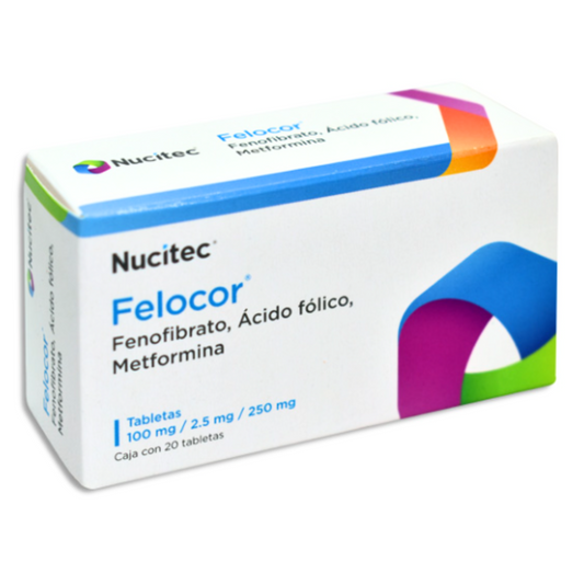 Felocor (Acido Fólico Fenofibrato Metformina) Caja con 20 Tabletas