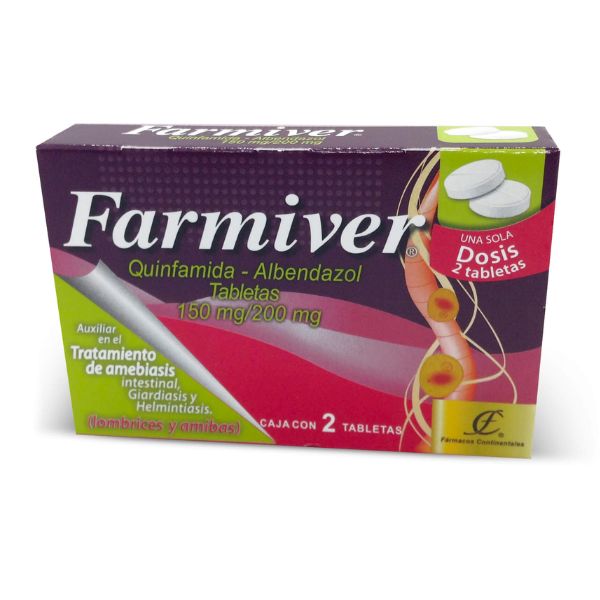 Farmiver (Quinfamida/Albendazol) 150 mg/200 mg Caja con 2 Tabletas