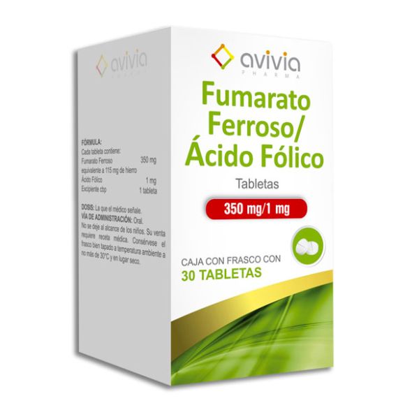 Fumarato Ferroso / Ácido Fólico 350 mg / 1 mg Caja con 20 Tabletas