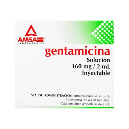 Gentamicina  160 mg / 2 ml Caja con 5 Ampolletas Inyectables