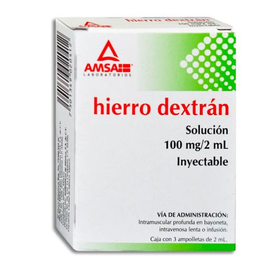 Hierro Dextran 100 mg/2 ml Caja con 3 Ampolletas Inyectables