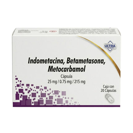 Indometacina, Betametasona, Metocarbamol 25mg / 0.75mg/ 215mg Caja con 20 Capsulas