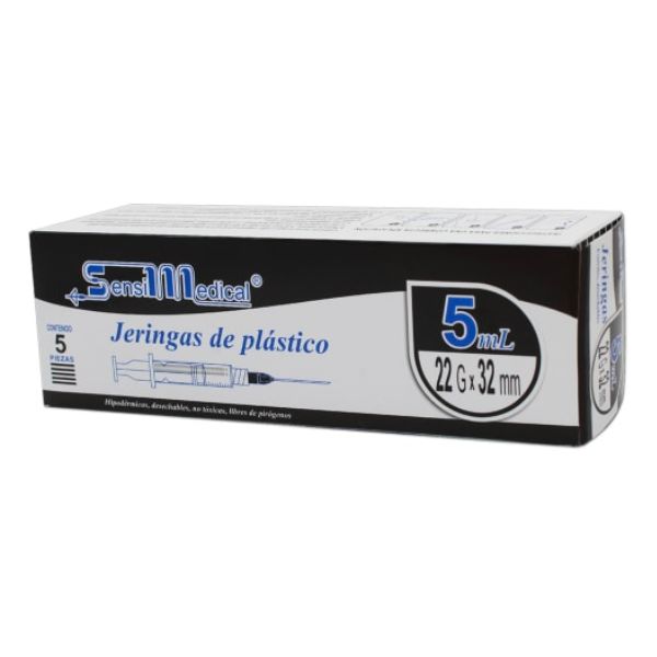 Jeringas 5 ml 22Gx32mm Caja con 5 Piezas Sensimedical