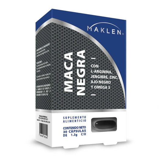 Maca Negra (L-Arginina,Jengibre,Zinc,Ajo Negro y Omega 3)  Caja con 30 Cápsulas  de 1.3 g cu