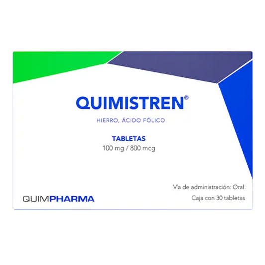 Quimistren (Hierro 10 mg Acido Fólico 800 mcg) Caja con  30 Tabletas