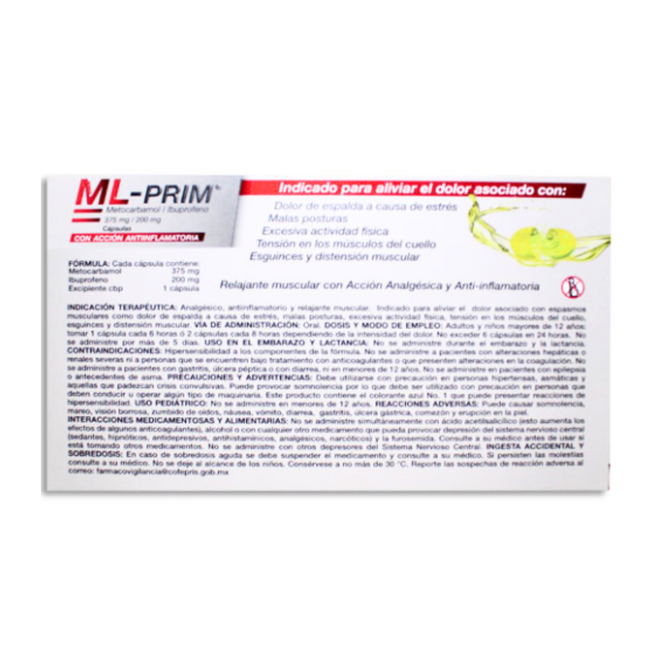 Ml Prim (Ibuprofeno 200 mg, Metocarbamol 375 mg) Caja con 12 Cápsulas Gel