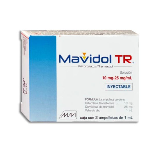 Mavidol Tr (Ketorolaco/Tramadol) 10 mg/25 mg/ml Caja con 3 Ampolletas