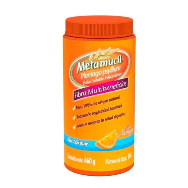 Metamucil (Plantago Psyllium) Sabor Naranja Sin Azúcar Bote con 174 g