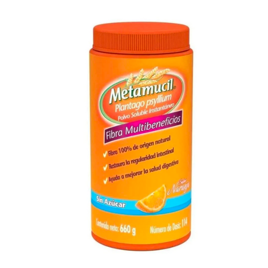 Metamucil (Plantago Psyllium) Sabor Naranja Sin Azúcar Bote con 174 g