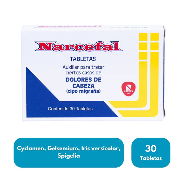 Narcefal (Auxiliar para Dolores de Cabeza tipo Migraña) Caja con 30 Tabletas| Nartex
