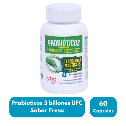 NTX Probióticos 3 Billones UFC Sabor Fresa Frasco con 60 Cápsulas Wellness| Nartex