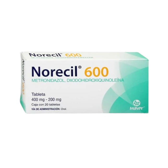 Norecil 600 Metronidazol 400 mg Diyodohidroxiquinoleína 200 mg Caja con 20 Tabletas