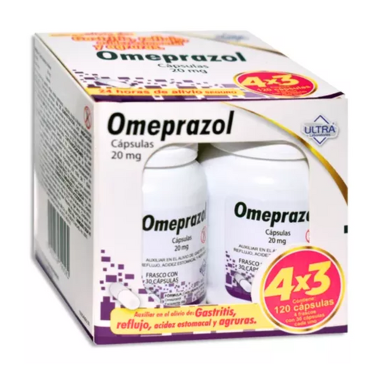 Omeprazol 20 mg 4 Frascos Con 30 Cápsulas c/u