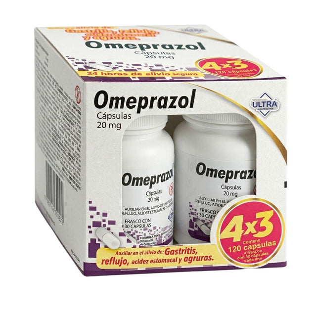 Omeprazol 20 mg 4 Frascos Con 30 Cápsulas c/u